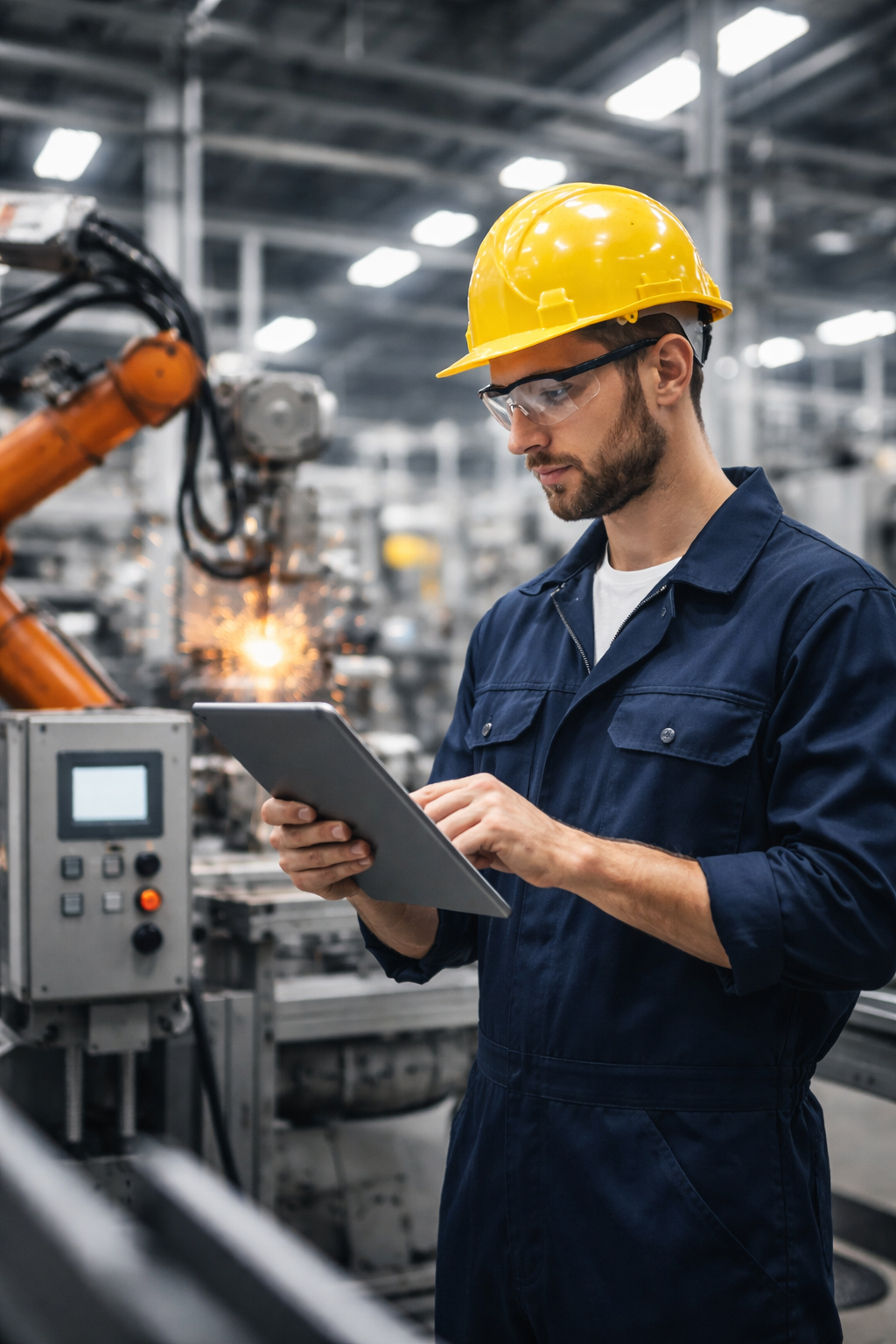 Techniker benutzt Tablet in der Fabrik