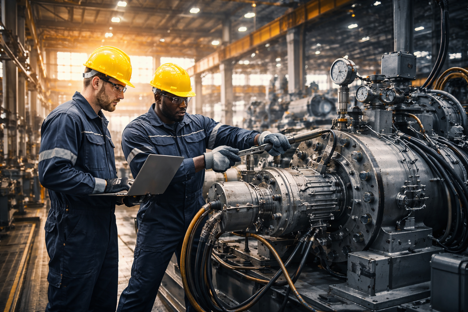 Industriearbeiter warten die Anlagen in der Fabrik