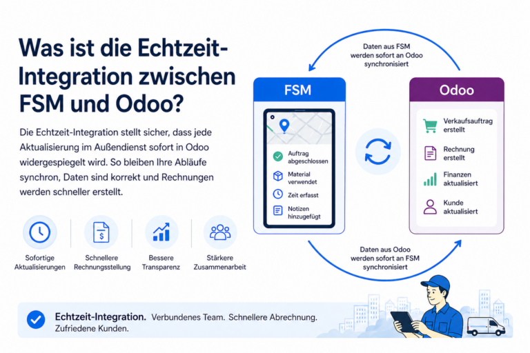Infografik erklärt die Echtzeit-Integration zwischen FSM und Odoo mit Datenfluss und vier Nutzen-Icons.