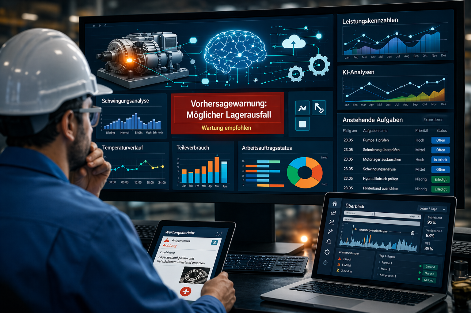 Engineer in a hard hat at a control desk monitoring a wall of dashboards with charts, a brain graphic, and a red alert panel in a high-tech plant setting.